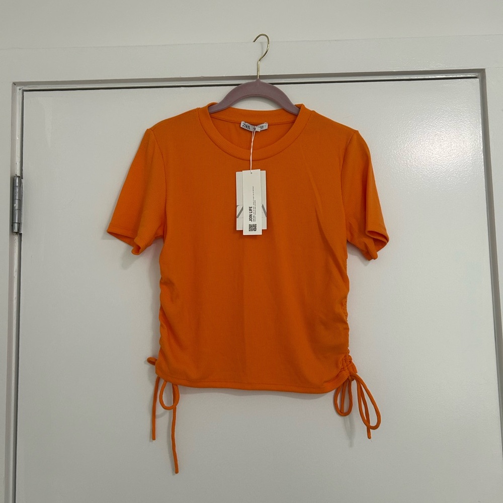 Zara Women’s Orange Ruched Tie Front T-Shirt, Size L, NWT